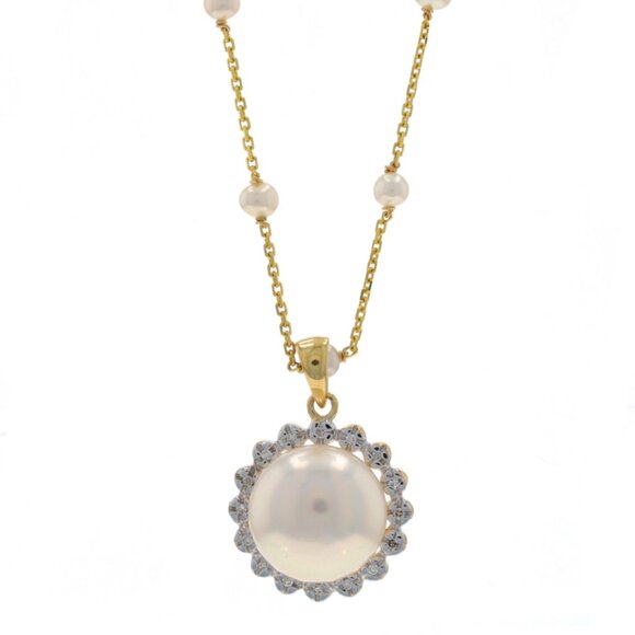 Yellow Gold Cultured Freshwater Pearl Station Pendant Necklace 18" 14k Floral - Picture 1 of 5